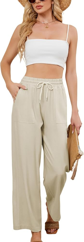 Women Summer Wide Leg Linen Pants Casual Palazzo Pant Cotton Lounge Beach Trousers with Pockets | Amazon (US)