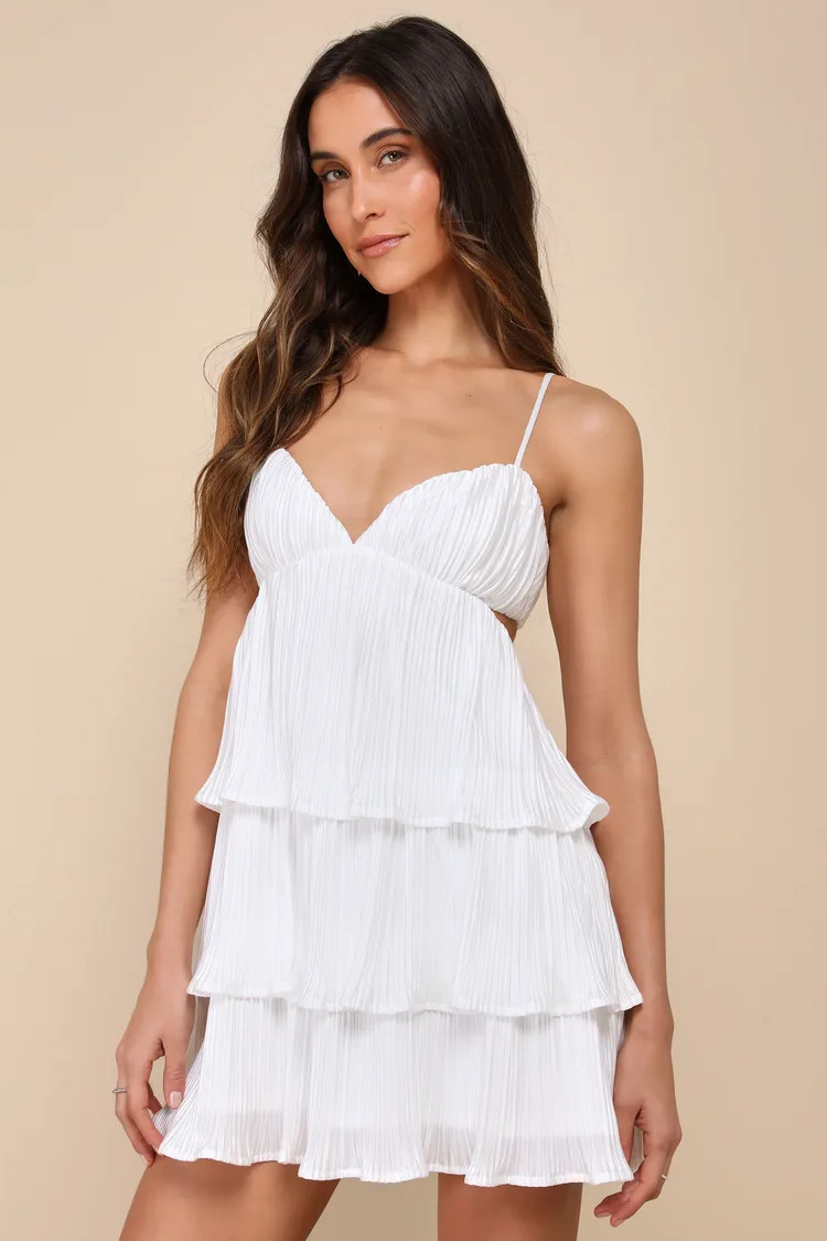 Sleek Dedication White Satin Plisse Cutout Tiered Mini Dress
            Lulus
         $55.20$69... | Lulus