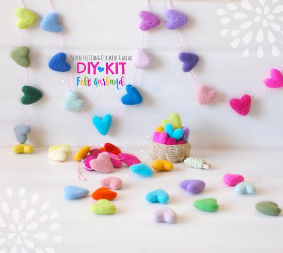 DIY Garland Kit - Felt Heart Garland - DIY Kit - Colorful Garland - 30 Felted Hearts - Heart Part... | Etsy (US)