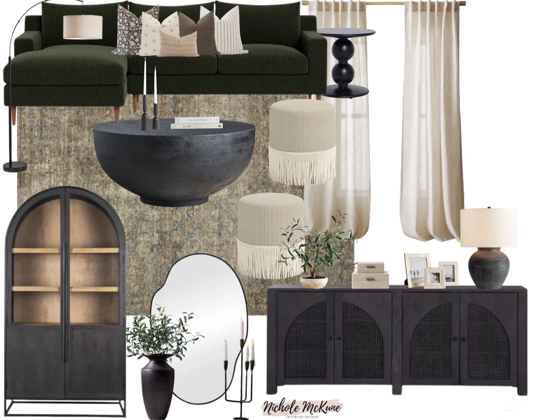 A moody, organic modern living room 🤍🌿
Deep green upholstery, matte black accents, layered neutrals, and sculptural textures create a space that feels grounded, elevated, and cozy all at once. This design is perfect if you love warm neutrals with a dramatic edge.
Tap to shop the sofa, coffee table, cabinets, lighting, rug, curtains, mirrors, stools, decor, and greenery to recreate this full look.

#LTKHome #LTKLivingRoom #LivingRoomDesign #OrganicModernHome #MoodyInteriors #NeutralHomeDecor #ModernFarmhouseStyle #CozyLivingRoom #InteriorDesignMoodBoard #HomeDecorFinds #LTKSaleAlert