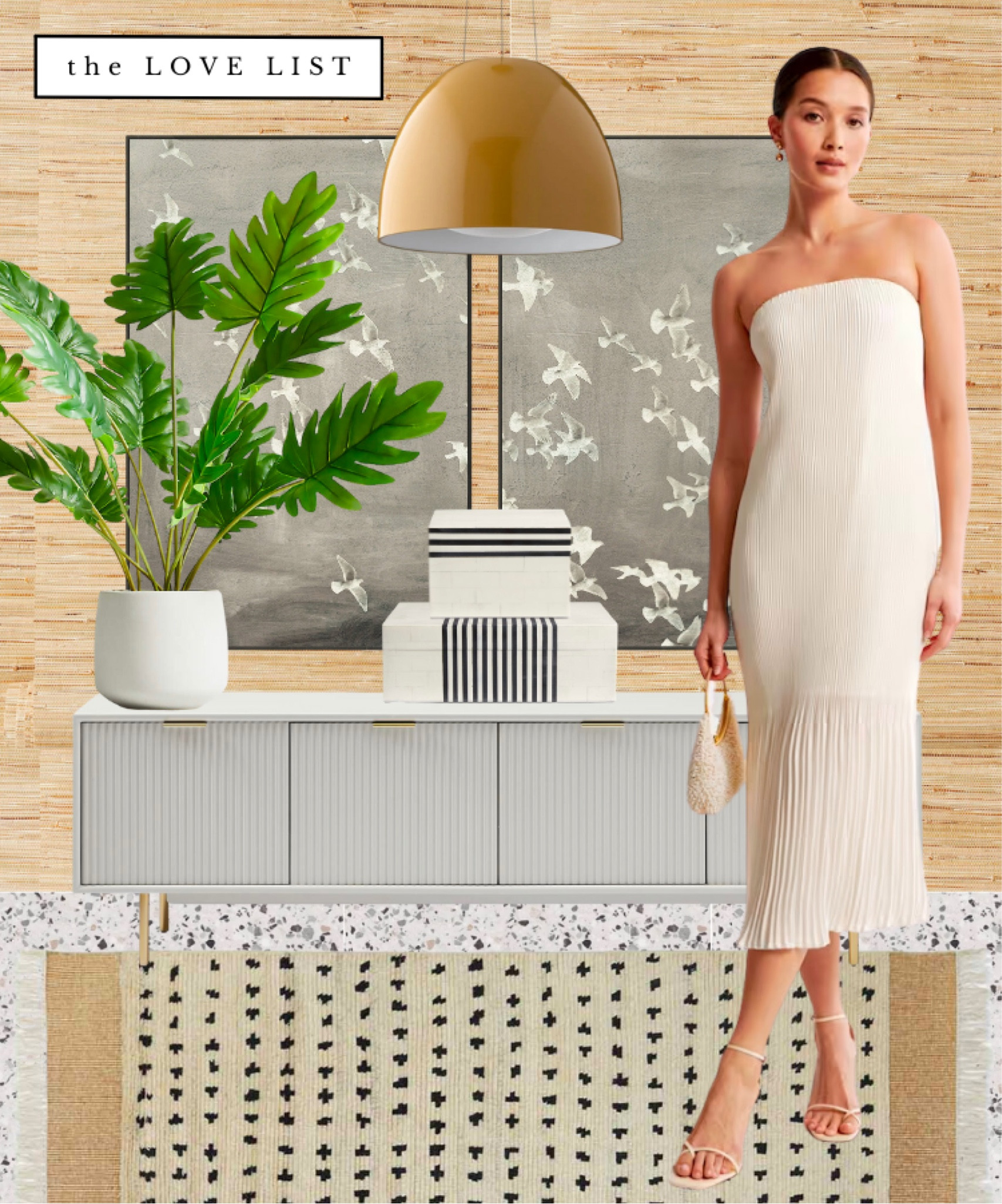 70s decor, 70s style // pleated strapless dress, art prints, media console, organic rug, potted plant, striped box, pendant light, grasscloth wallpaper 

#LTKSeasonal #LTKFind #LTKhome