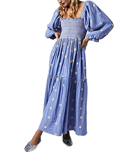Dahlia Embroidered Maxi Dress for Women Free dupes People Long Balloon Sleeves and Smocked Waistline | Amazon (US)