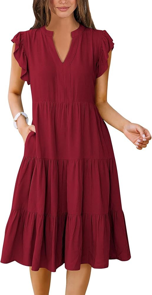 ANRABESS Womens Summer Ruffle Sleeve V Neck Midi Dress 2024 Fashion Casual Fit Flowy Tiered Boho ... | Amazon (US)