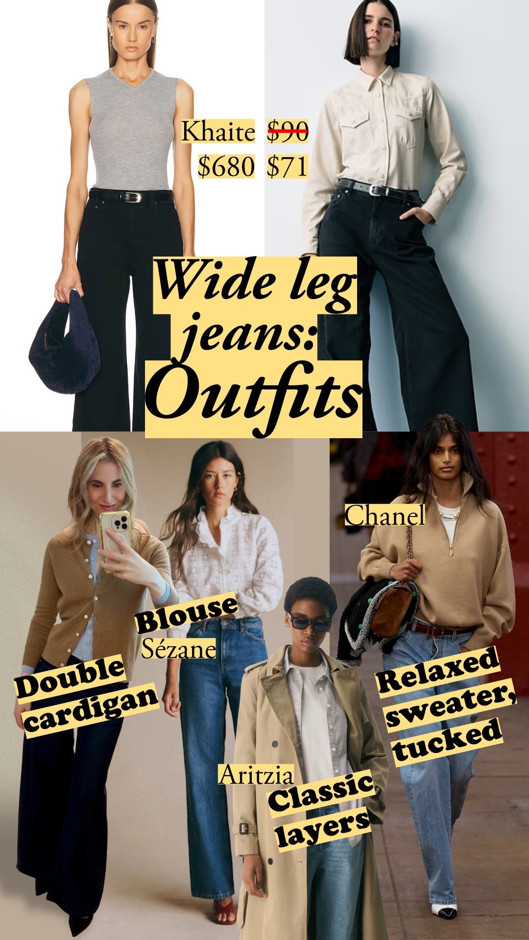 Wide leg jeans styled five ways – the focal point is either the waist (Sézane blouse, Chanel's tucked in sweater) or structure/fit (classic layers or my double cardigan). Fitted knits, tucked sweaters, and structured collars all create an easy yet polished look. My picks for wide legs and the tops that work best with them 👇

wide leg jeans, wide leg jeans outfit, how to style wide leg jeans, dark wash wide leg jeans, wide leg jeans and cardigan, wide leg jeans spring outfit, Khaite jeans, Sézane blouse, relaxed sweater tucked in jeans, classic layering


#LTKootd