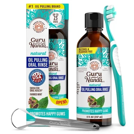 GuruNanda CocoMint Oil Pulling Natural Mouthwash with Essential Oils & Vitamins D3,E,K2 - Toothbrush & Tongue Scraper - 8 fl oz | Walmart (US)