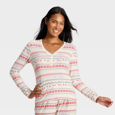 Women's "Let it Snow" Fair Isle Cozy Knit Long Sleeve Henley Holiday Matching Family Pajama Shirt... | Target