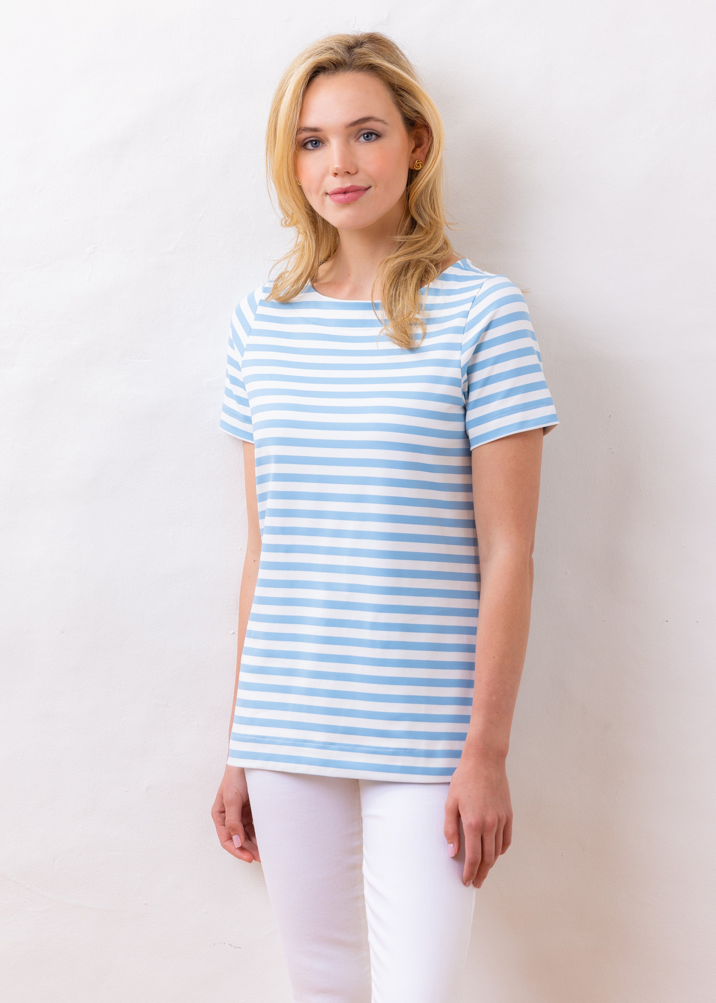 Devon Tee in Repreve® Striped Jersey (Blue / White) | Dudley Stephens
