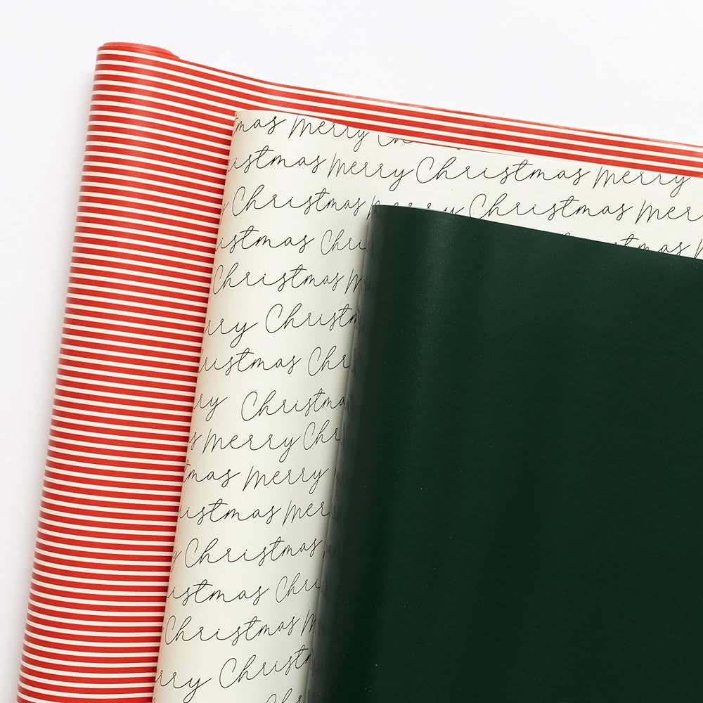 Merry Market 3-pack Premium Satin Christmas Wrapping Paper, Minimal Holiday Gift Wrap, Red Stripe... | Amazon (US)