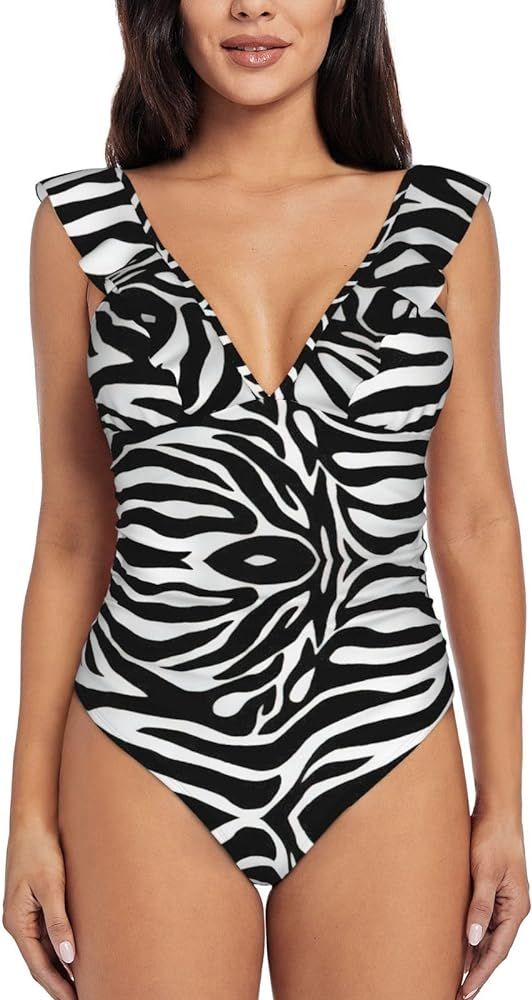 Zigzag Stripe Print Women Ruffle V-Neck One Piece Swimsuit,Tummy Control Bathing Suit, V Neck Swi... | Amazon (US)