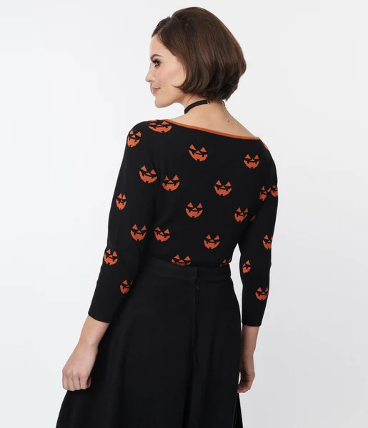 Unique Vintage Black & Orange Pumpkin Crop Cardigan | UniqueVintage