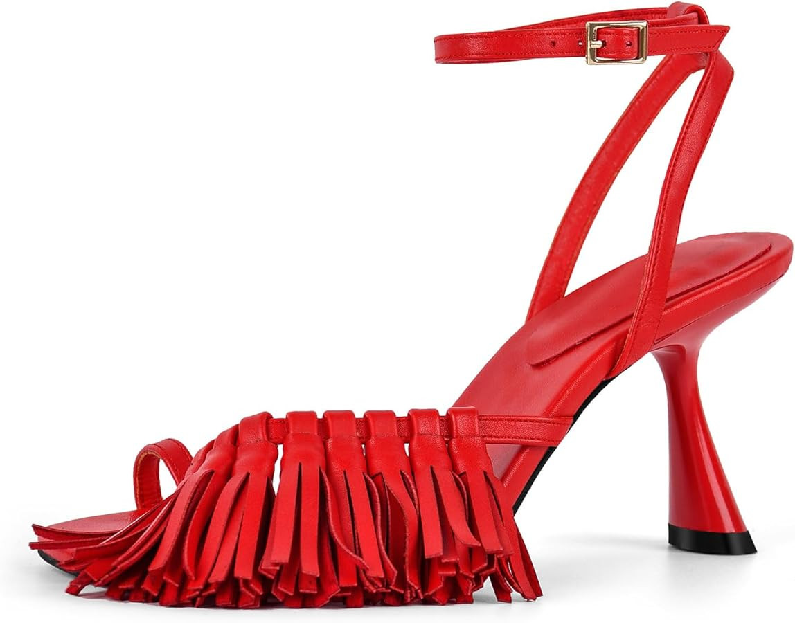 Richealnana Women's Fringe Toe Ring Ankle Strap Sandals Square Toe Tassel Shoes For Party Prom | Amazon (US)