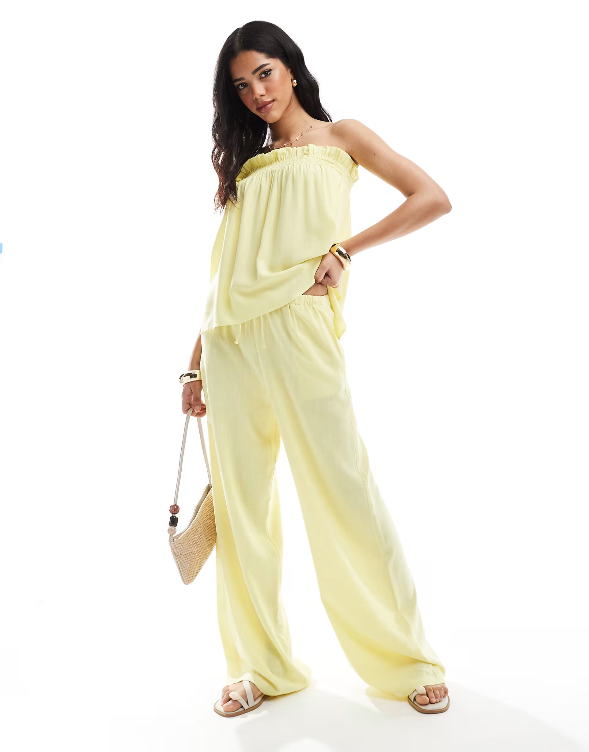 ASOS DESIGN linen look wide leg pants in buttermilk - part of a set | ASOS (Global)