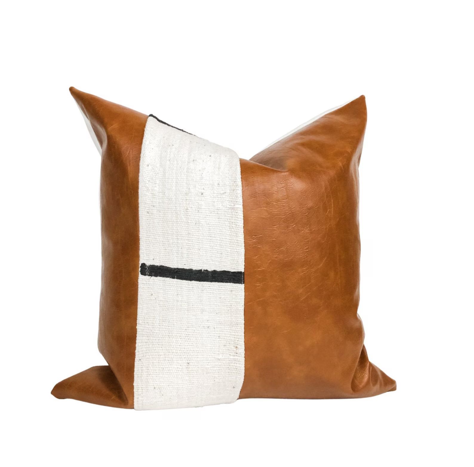 White Mudcloth Black Dash | Cognac Faux Leather | Throw Pillow Cover | Decorative Pillow | Boho P... | Etsy (US)