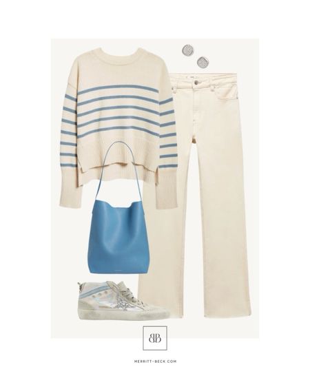 Obsessed with this cream + blue striped sweater 🤩 chic, casual outfit inspo you can wear now and into spring 🩵

#LTKstyletip #LTKshoecrush #LTKitbag