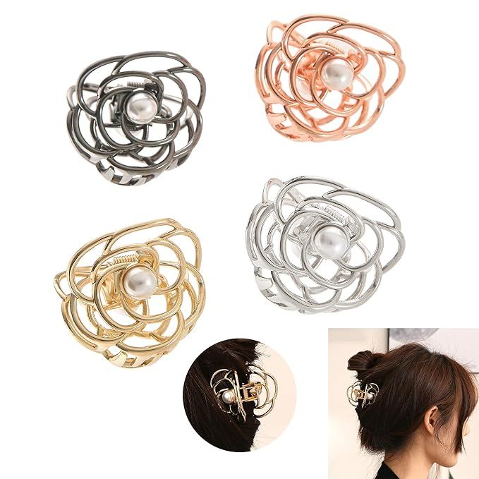 KISSKIKO Mini Rose Flower Hair Claw Clips for Women 1.4 Inch Cute Pearl Small Hair Clip Metal Cla... | Amazon (US)