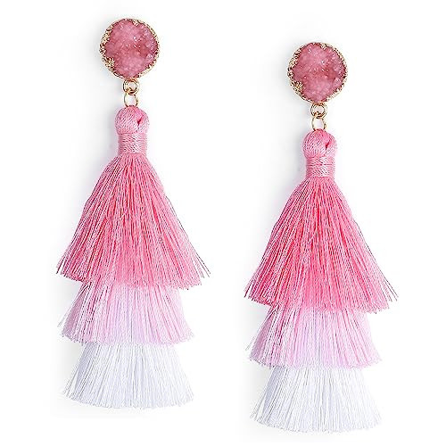 Big Light Pink Earrings for Women Dangling Pale Pink Ombre Tassel Dangle Earrings for Female Fun Statement Boho Chunky Pink Drop Earrings for Prom Formal Wedding Stainless Steel Studs | Amazon (US)