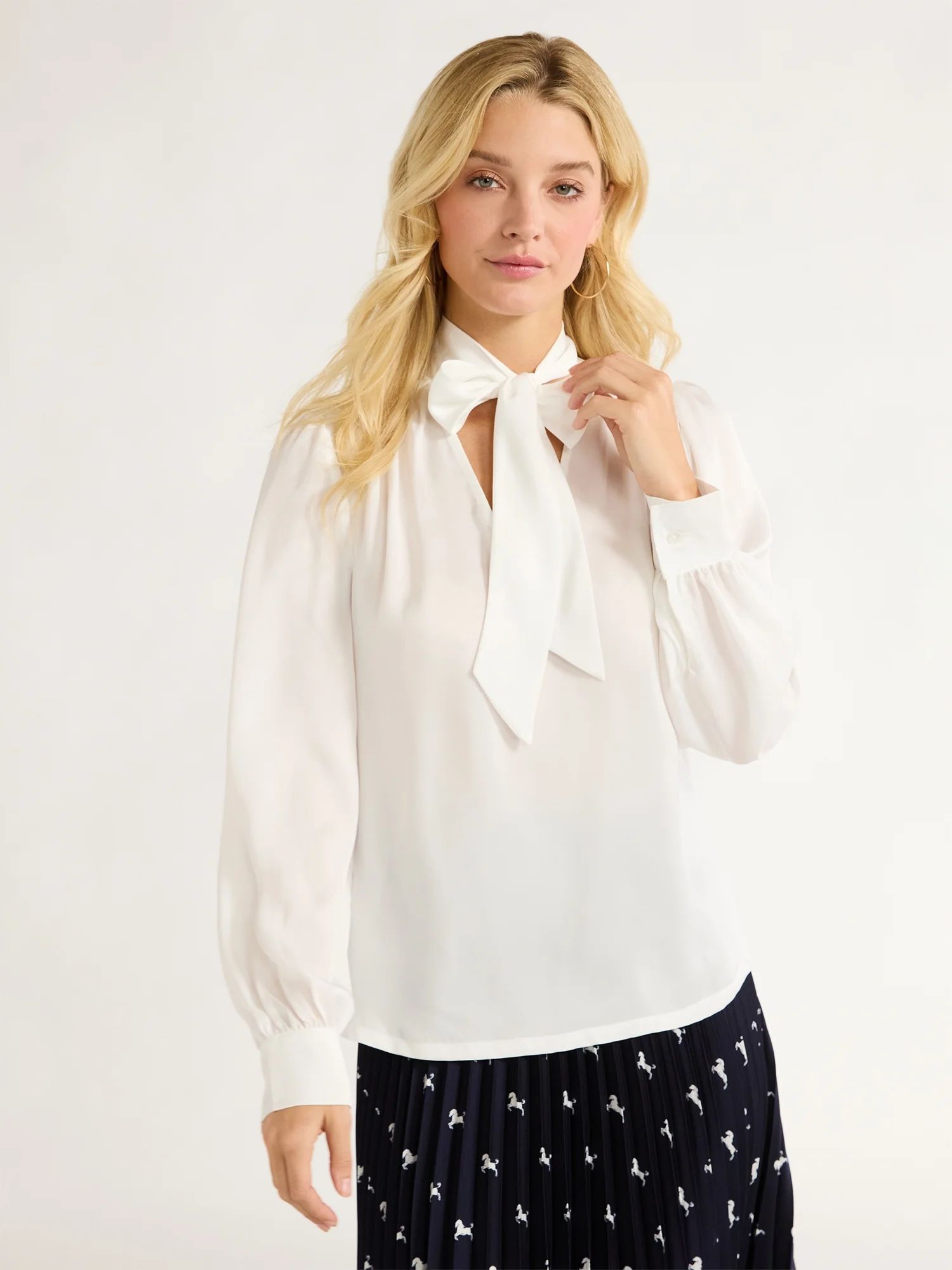 Free Assembly Women’s Bow Tie Blouse with Long Sleeves, Sizes XS-XXL - Walmart.com | Walmart (US)