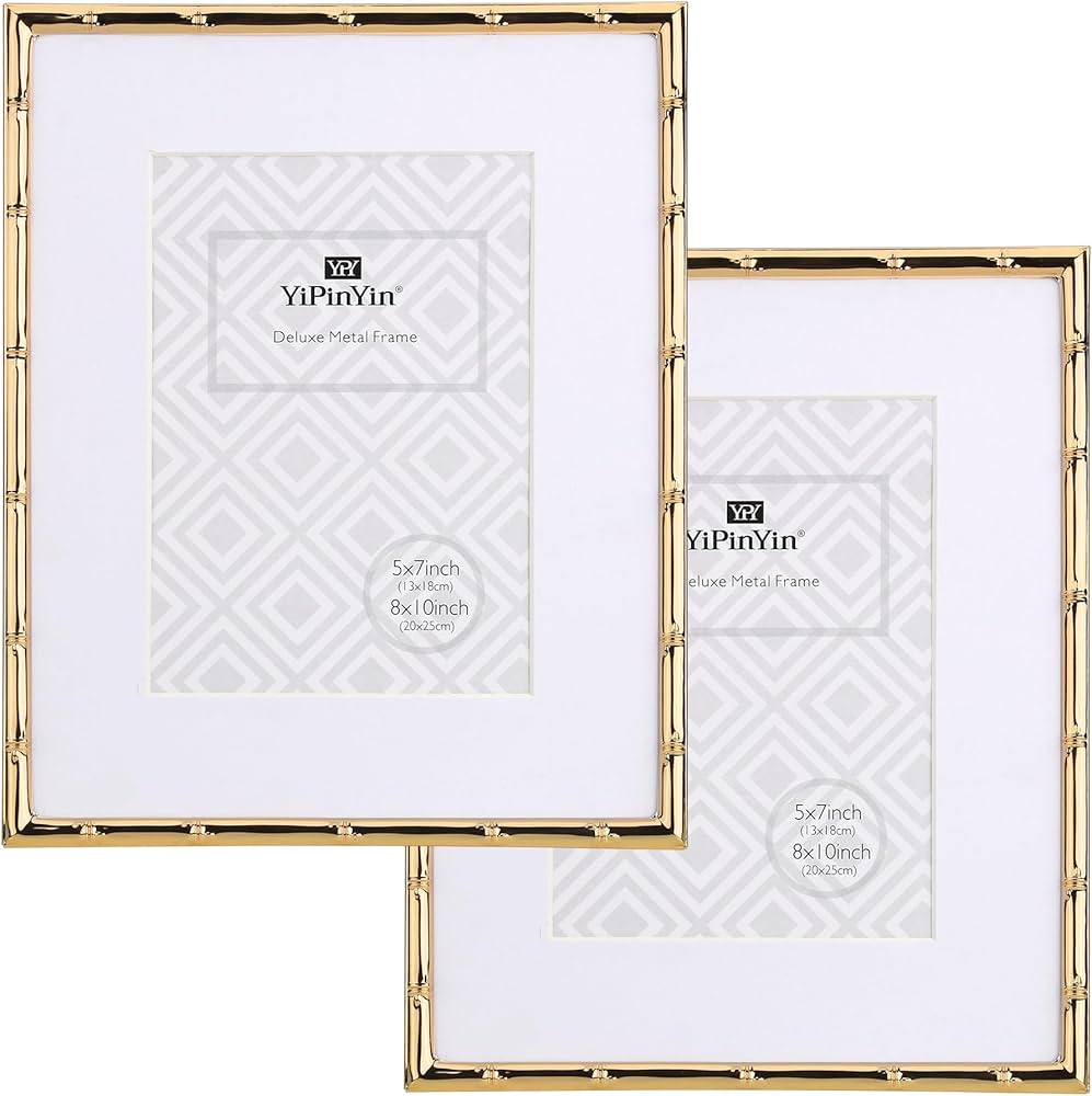 8x10'' Bamboo Detail Gold Metal Picture Frame with Acid Free Mat for 5x7'' Set of 2, Narrow Gold ... | Amazon (US)