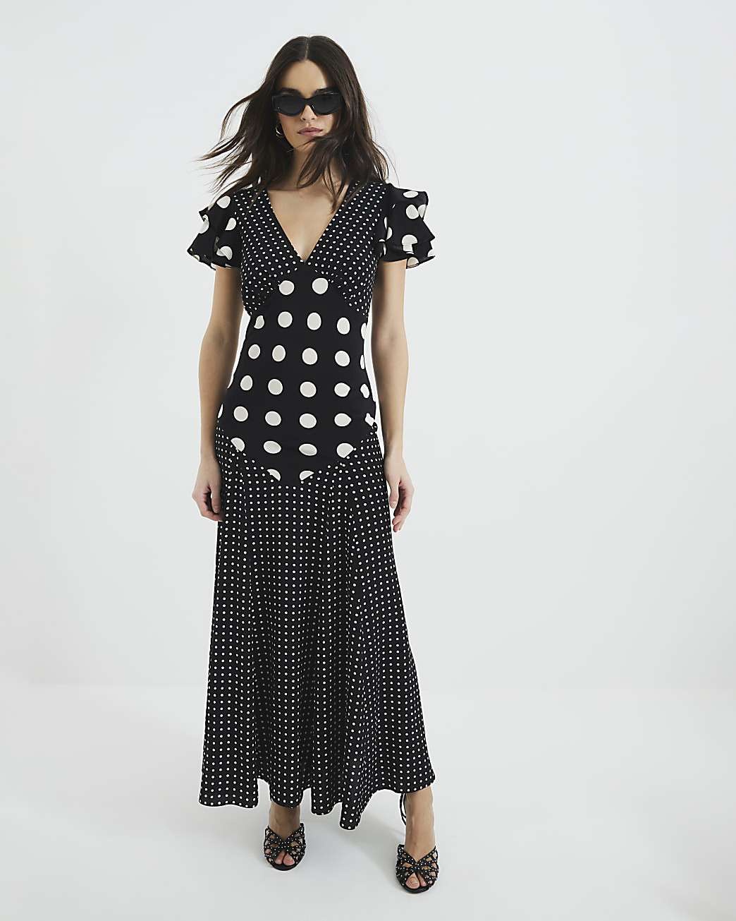 Black Sleeveless Spot Mix Ruffle Maxi Dress | River Island UK & IE