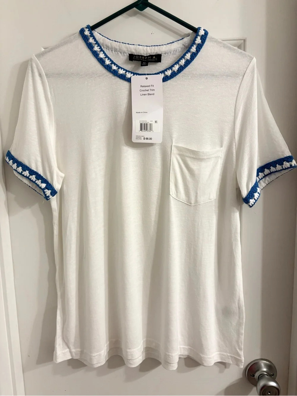 Coastal Grandma Joseph A Linen Blend Crochet Trim Pocket Tee White Blue NWT Med | Poshmark