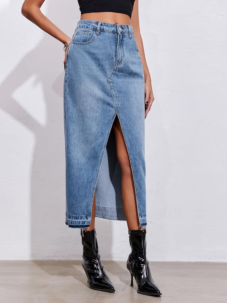 Fisoew Women's Long Denim Maxi Skirts High Waisted Frayed Hem Western Split Jean Skirt Streetwear | Amazon (US)