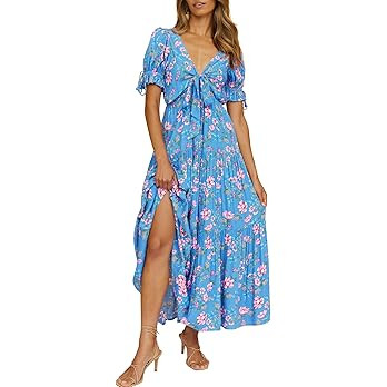 BTFBM Women's 2023 Summer Boho Dress Tie Front Deep V Neck Cutout Short Sleeve Floral Casual Part... | Amazon (US)