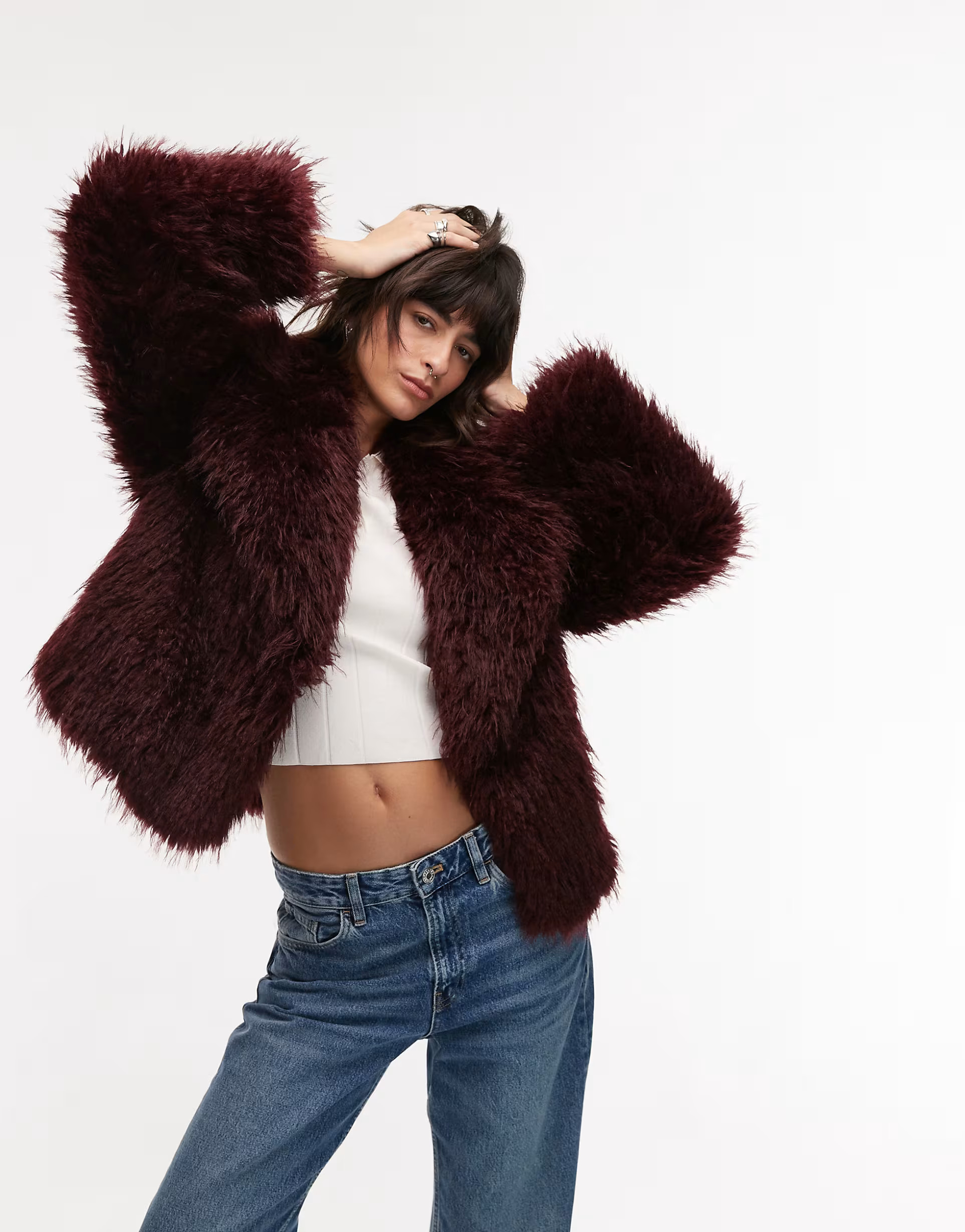 Mango faux fur jacket in dark red | ASOS (Global)
