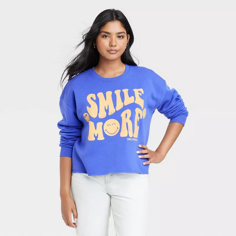 Women's SmileyWorld Smile More Graphic Sweatshirt - Blue | Target