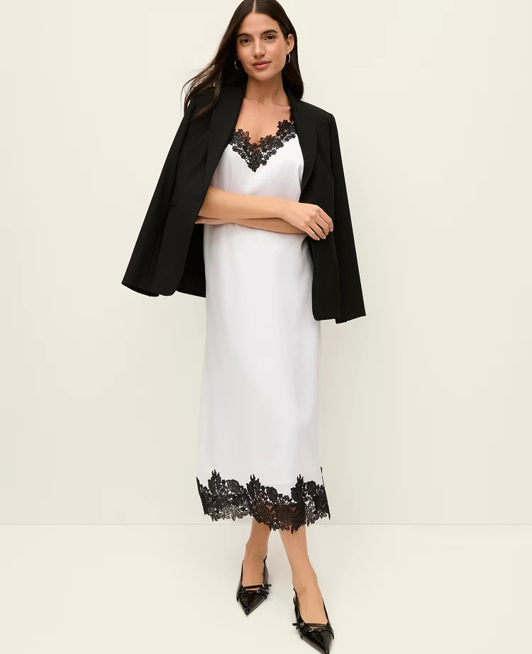 Lace Trim Satin Slip Midi Dress | Ann Taylor
