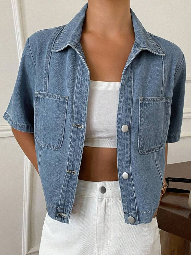 Livesso Women's Casual Washed Patch Pocket Button Front Short Sleeve Denim Jacket, Summer | SHEIN