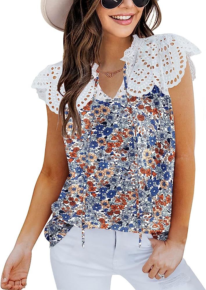 MIHOLL Womens Summer Tops Lace Floral V Neck Casual Loose Blouses Shirts | Amazon (US)