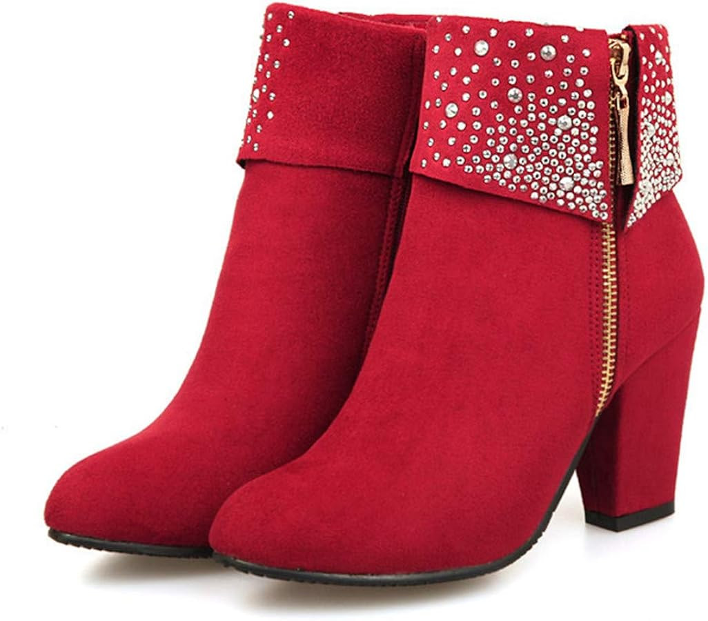 NUANXIN Fashionable water drill frosted thick heel short boots | Amazon (US)