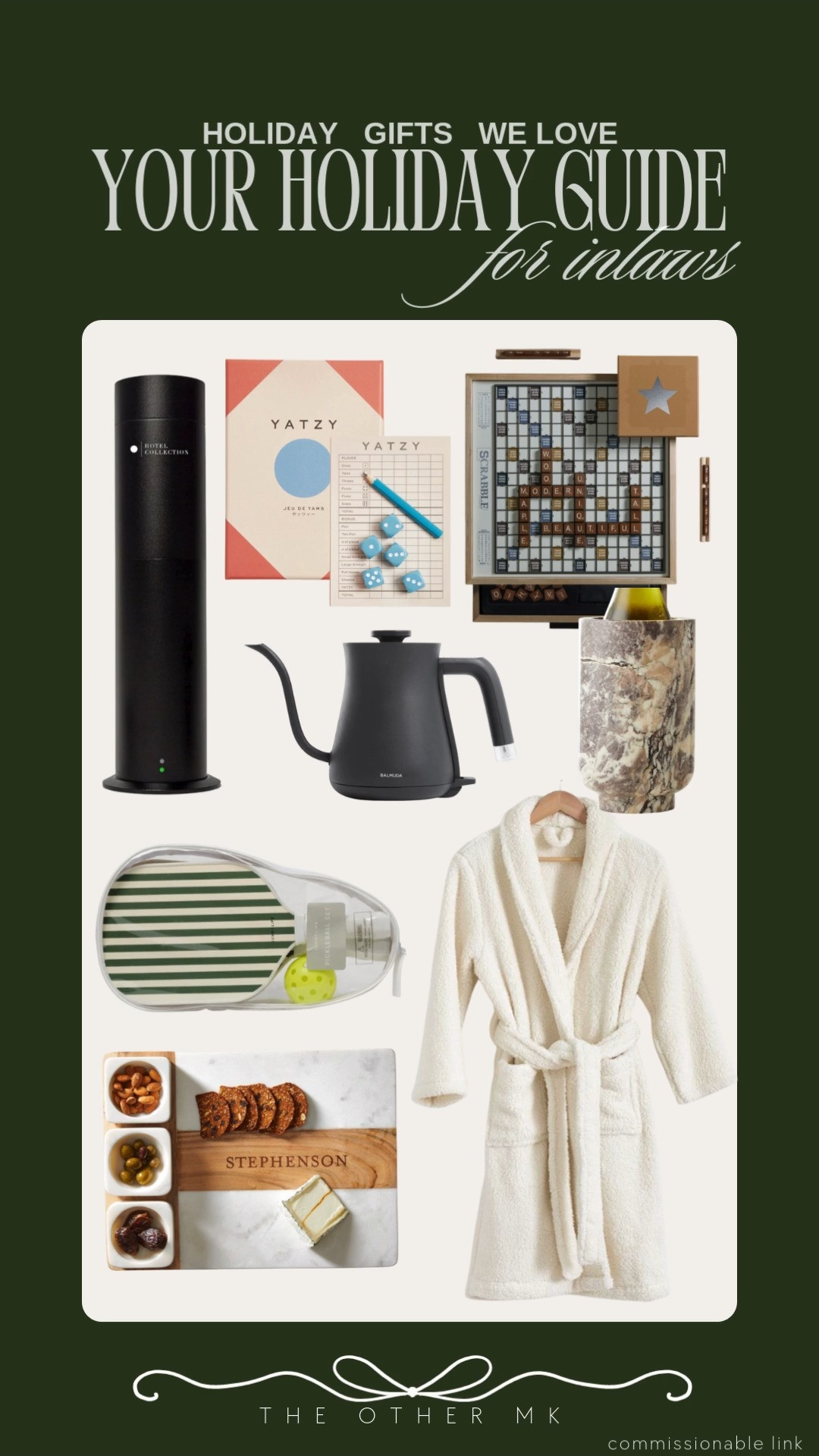 holiday gifts, Christmas gifts, trendy gifts, wishlist, holiday favorites, gifts for inlaws, yatzy, scrabble, tea kettle, robe, pickleball rack, scent diffuser, appetizer serving board, wine chiller 

 

#LTKGiftGuide #LTKHoliday #LTKSaleAlert