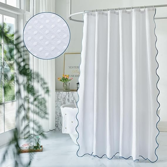 Waffle Weave 230GSM Heavy Duty Fabric with Water Blue Scalloped Border Shower Curtain,Boho Chic C... | Amazon (US)