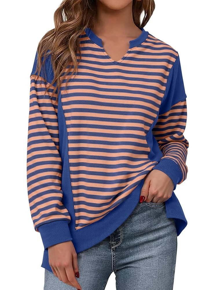 Glamaker Womens Striped Long Sleeve Sweatshirts Loose V Neck Fashion Winter Pullover Outdoor Comf... | Amazon (US)