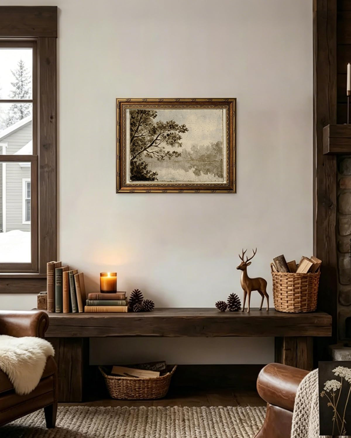 Vintage Gold Framed Wall Art Tree Landscape Painting Canvas Prints Green Gray Tree Natural Sketch... | Amazon (US)