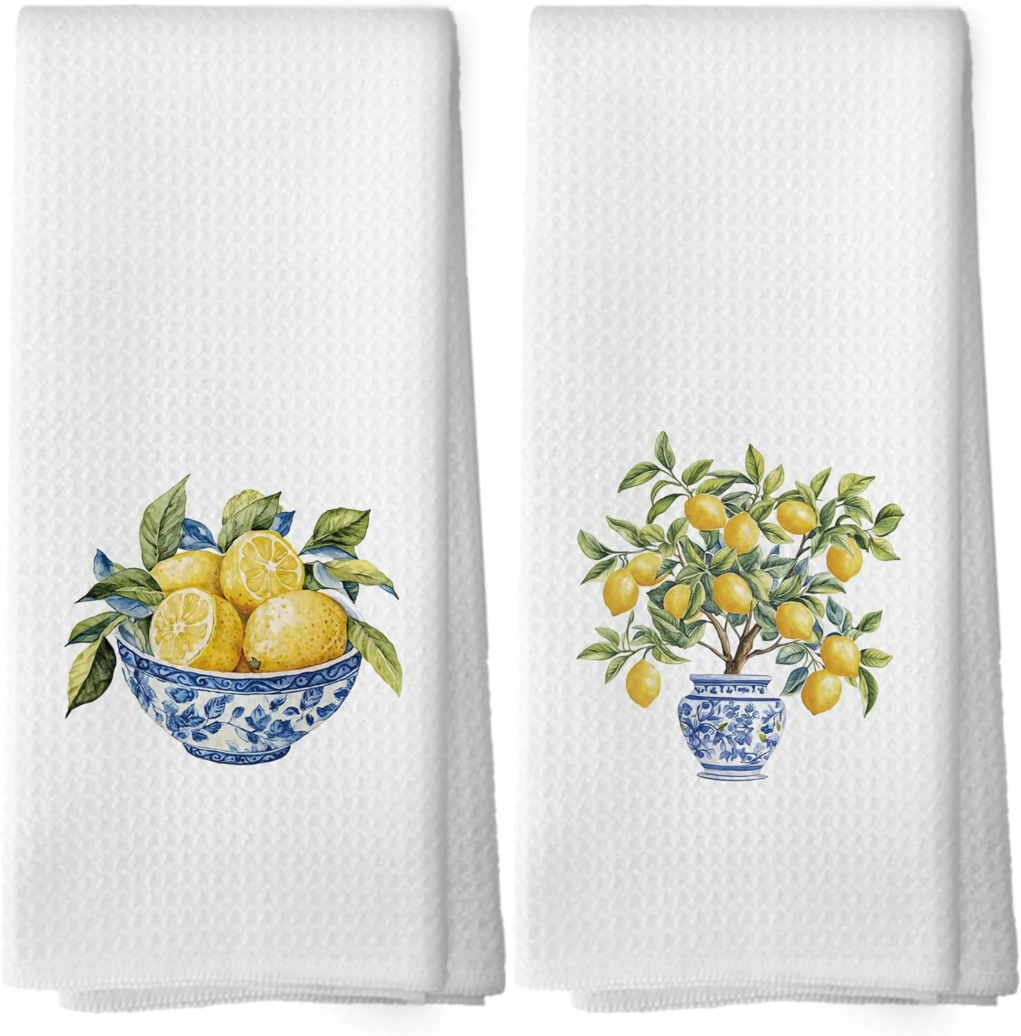 Chinoiserie Floral Kitchen Towels - Preppy Lemon Floral Dish Towels, Blue and White Porcelain Dec... | Walmart (US)