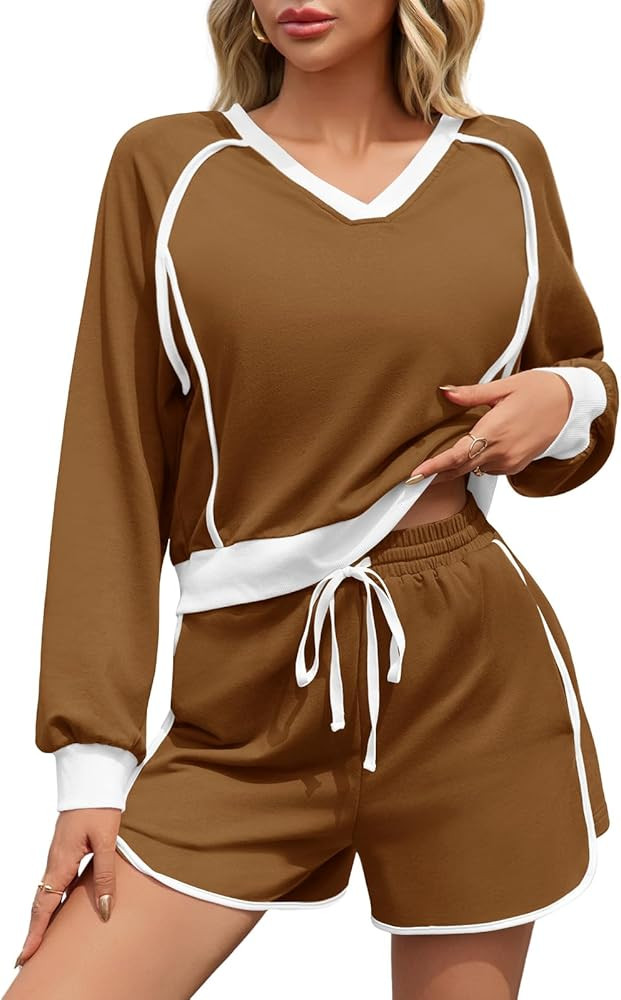 Fisoew Womens 2 Piece Outfits Casual V Neck Cropped Sweatshirt High Waisted Workout Shorts Sets L... | Amazon (US)