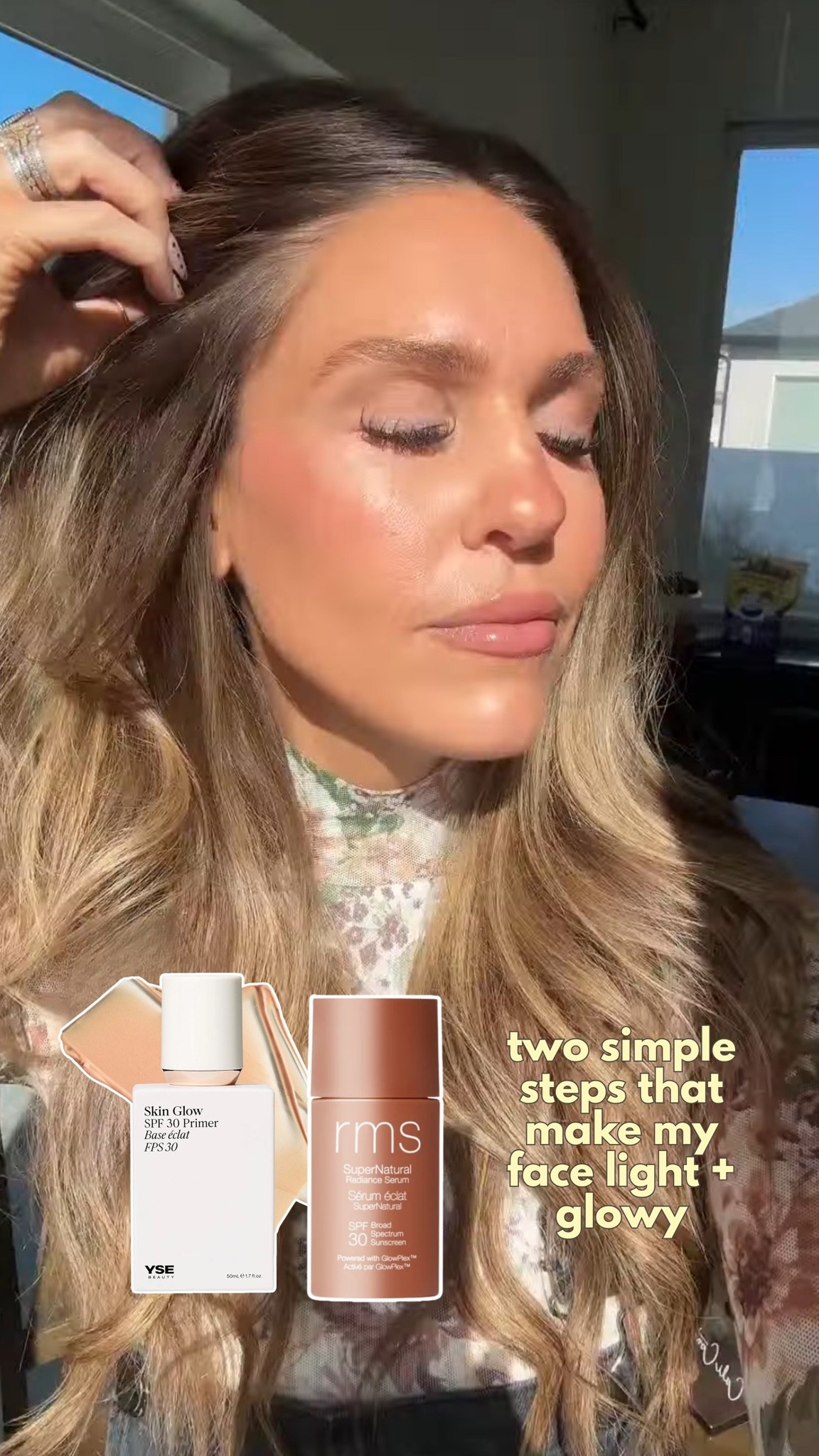 The two steps that keep my base looking light & glowy: YSE beauty skin glow 3-in-1 SPF 30 primer + RMS supernatural radiance serum SPF 30. I use them for prep, sheer coverage and glow without a heavy foundation finish!￼#glowyskin #MakeupBase #MakeupOver35
