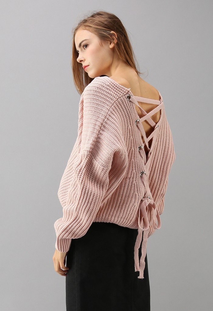 Focus on Lace-up Back Sweater in Pink | Chicwish