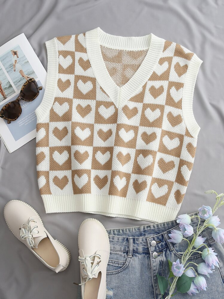 SHEIN Unity Heart & Checker Pattern Sweater Vest | SHEIN