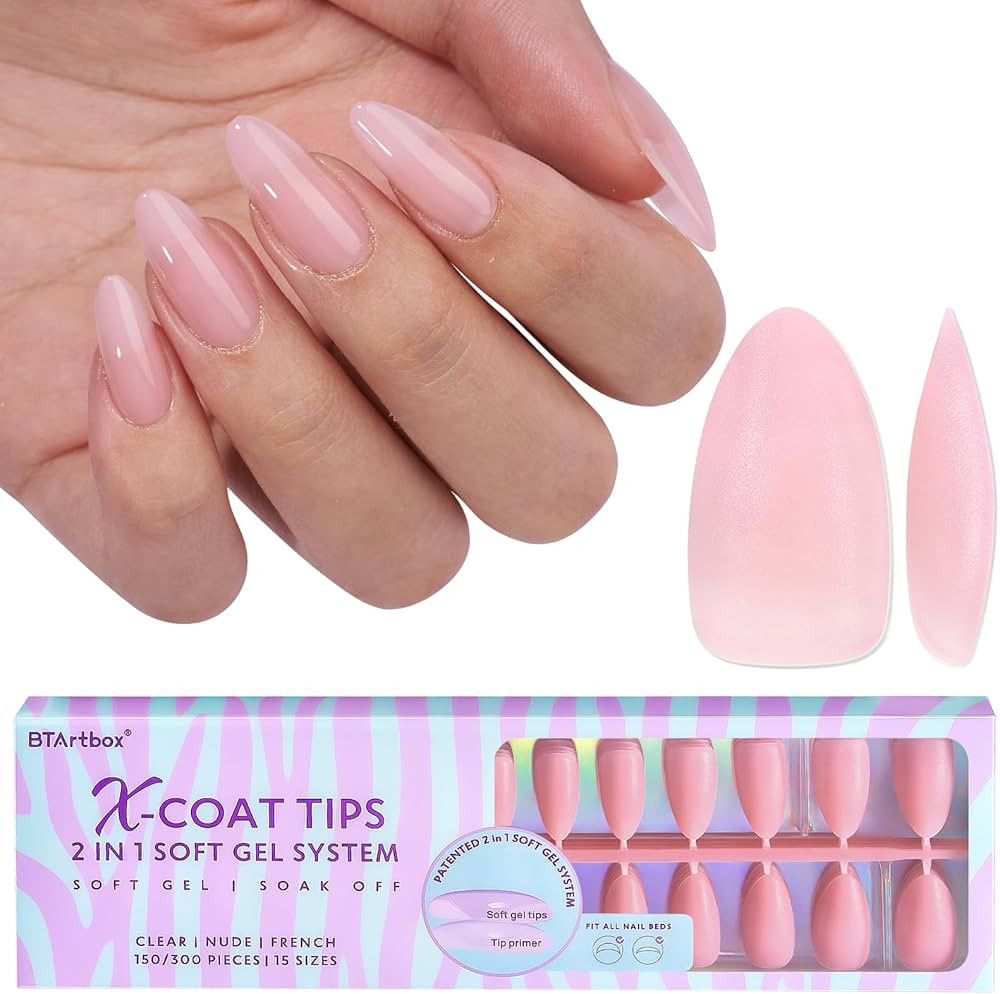 BTArtbox Press on Nails Medium -150Pcs Almond Gel Nail Tips Pink 2 in 1 X-coat Tips Pre-applied T... | Amazon (US)