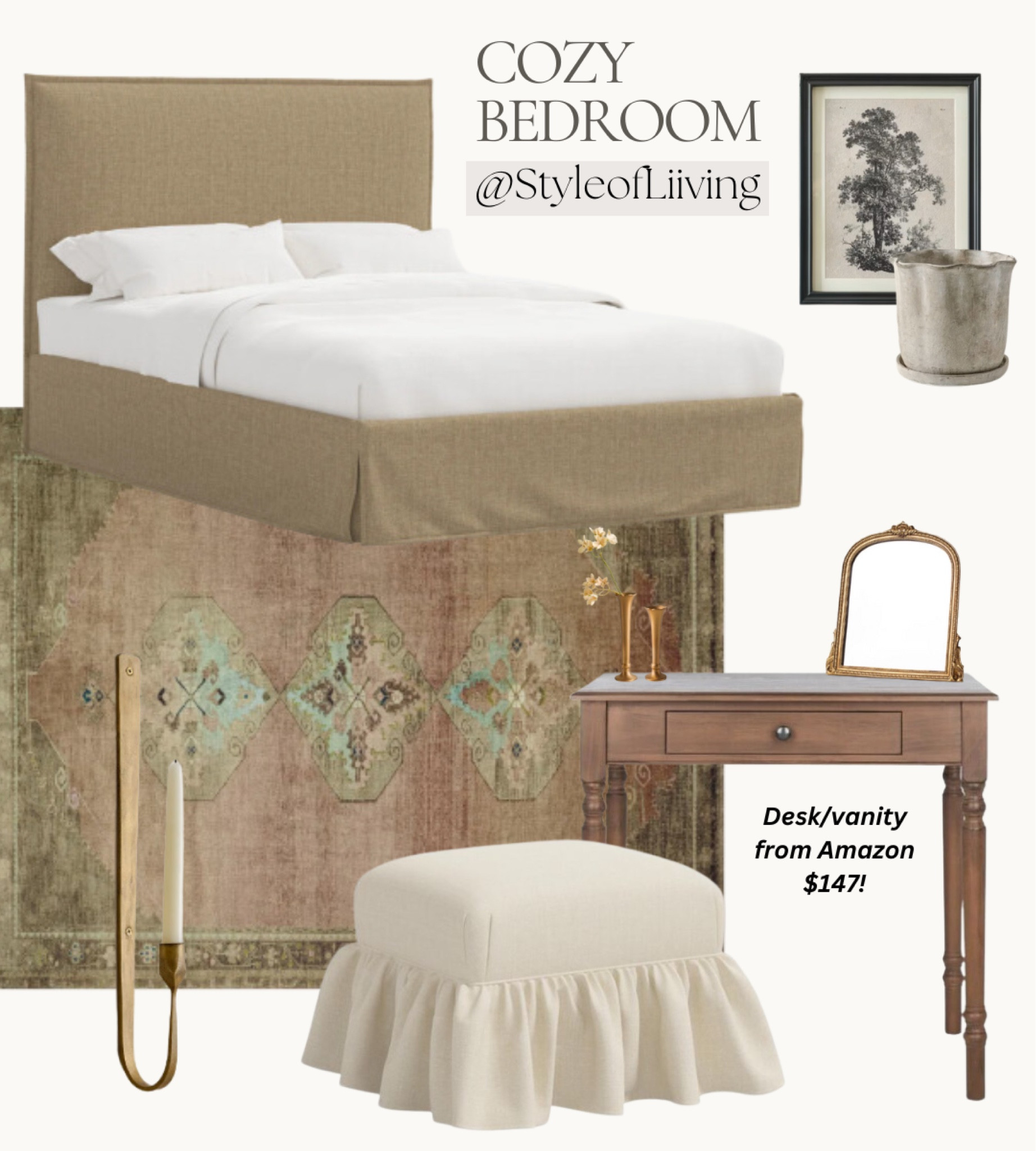 Warm cozy bedroom design inspiration! Upholstered bed frames, relaxed burlap linen, desk vanity, cream linen ruffled bottom ottoman, magnolia home area rug, framed art print, scalloped cement planter, vanity tabletop mirror, candle wall sconce. #fallhome #bedroom #homedecor #furniture

#LTKHome #LTKSeasonal #LTKStyleTip