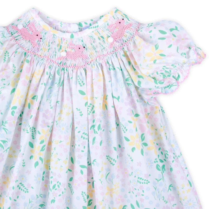Hopping Bunny Smocked Florals Bishop Dress | Classic Whimsy