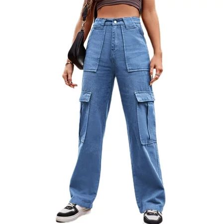 Colisha Women Bottoms Cargo Jeans Button Denim Pants Fashion Beach Zipper Trousers Denim Blue 2XL | Walmart (US)