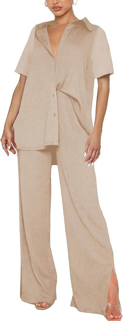 LYANER Women's 2 Piece Outfits Button Down Short Sleeve Shirt and Wide Leg Pants Set | Amazon (US)