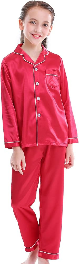 Girls Boys Satin Long Sleeve Button-Down Pajamas Set Sleepwear Loungewear | Amazon (US)