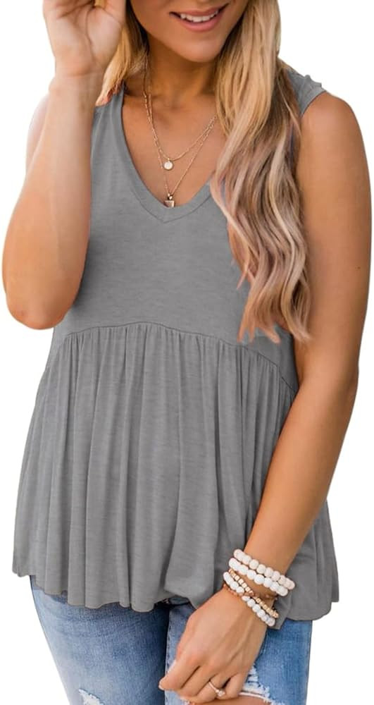 PINKMSTYLE Women's Ruffle V Neck Tank Tops Babydoll Peplum Tops Sleeveless T Shirts | Amazon (US)