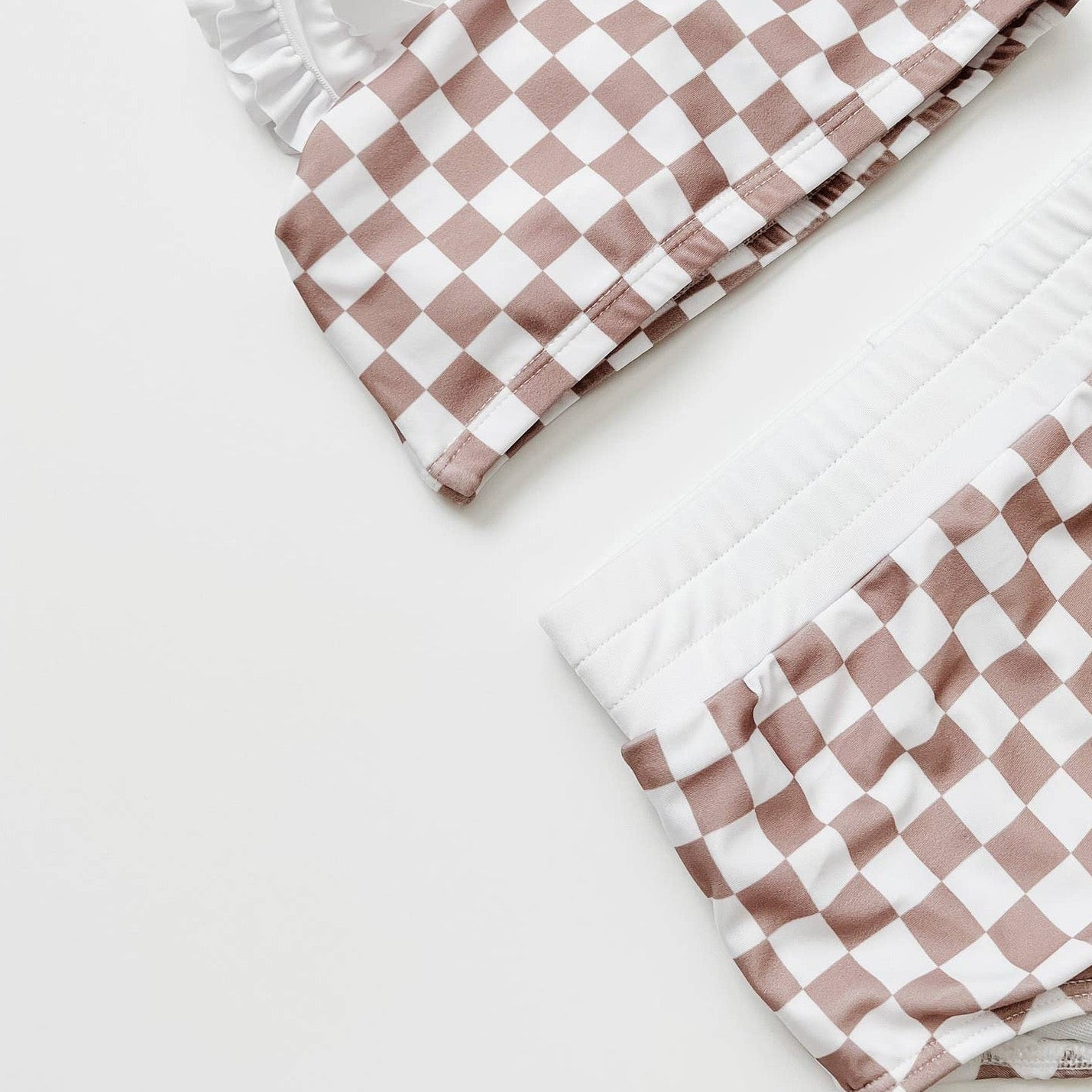 tan checkered children's ruffle girls bandeau bikini bathing suit set | Joss and J