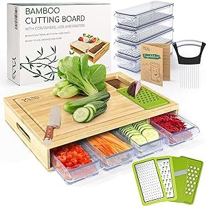 YANs Bamboo Cutting Board with Containers for Easy Meal Prep - Chopping Board Set -Extra Large Sp... | Amazon (US)